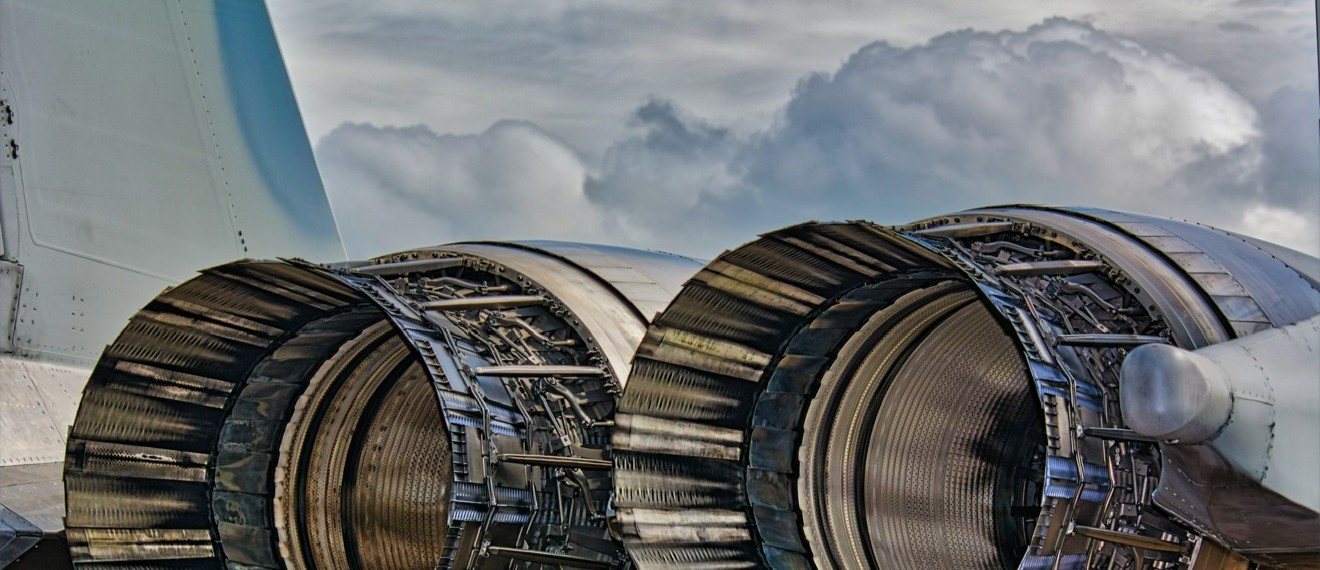Close-up of twin titanium jet engine exhaust nozzles